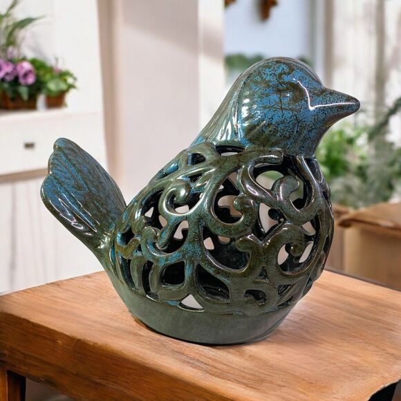 Ceramic Bird Potpourri Fragrance Sachet Holder Blue Green Crackle Glaze 7” Tall - Picture 1 of 9